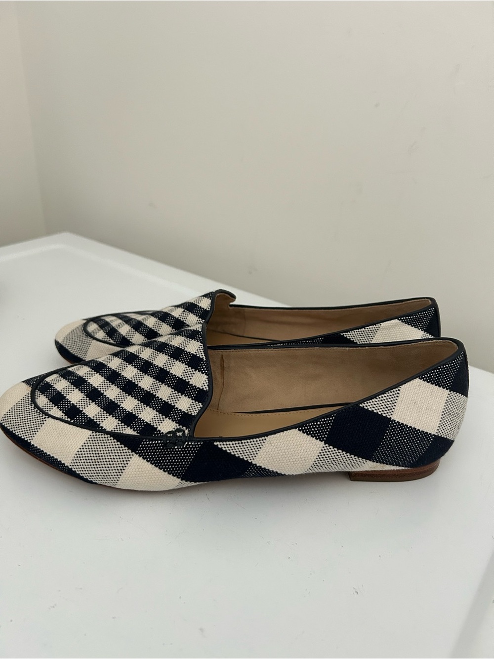 Talbots Ryan Gingham Loafers in Canvas Plaid Navy Blue Cream Size 9.5 M - Picture 4 of 15